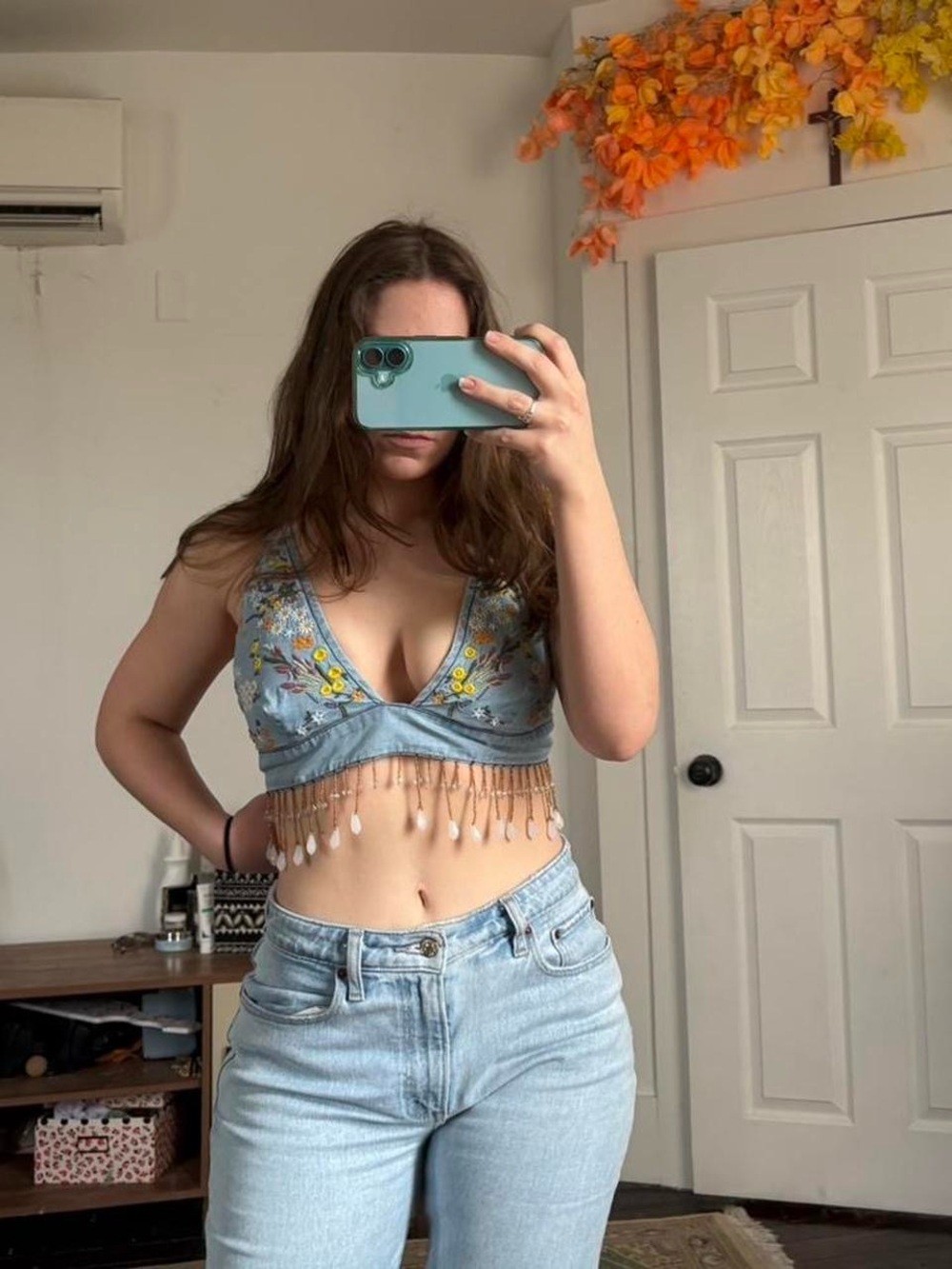 Urban Outfitters Light Blue Embroidered Beaded Fringe Crop Top